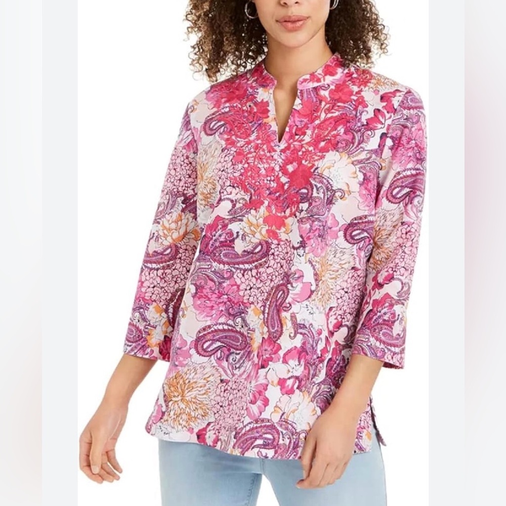 Charter Club pink paisley embroidered embellished tunic blouse